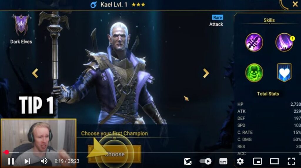 RAID: Shadow Legends初心者向け、毒スキルを持つ最強スタートチャンピオン「ケール」の選択画面