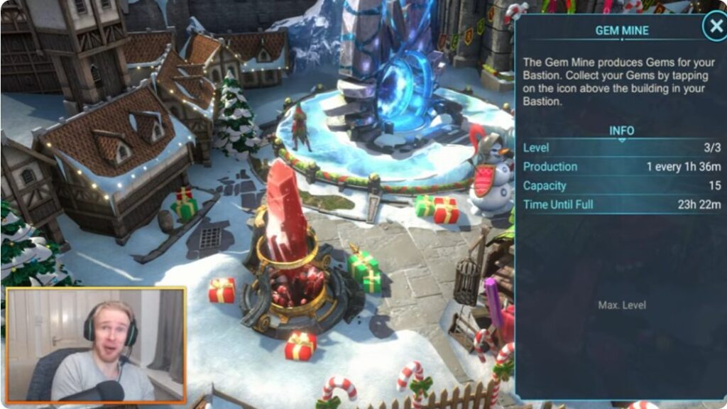 RAID: Shadow Legendsで効率的にジェムを稼ぐ、ジェム鉱山を最大レベルにアップグレードする画面