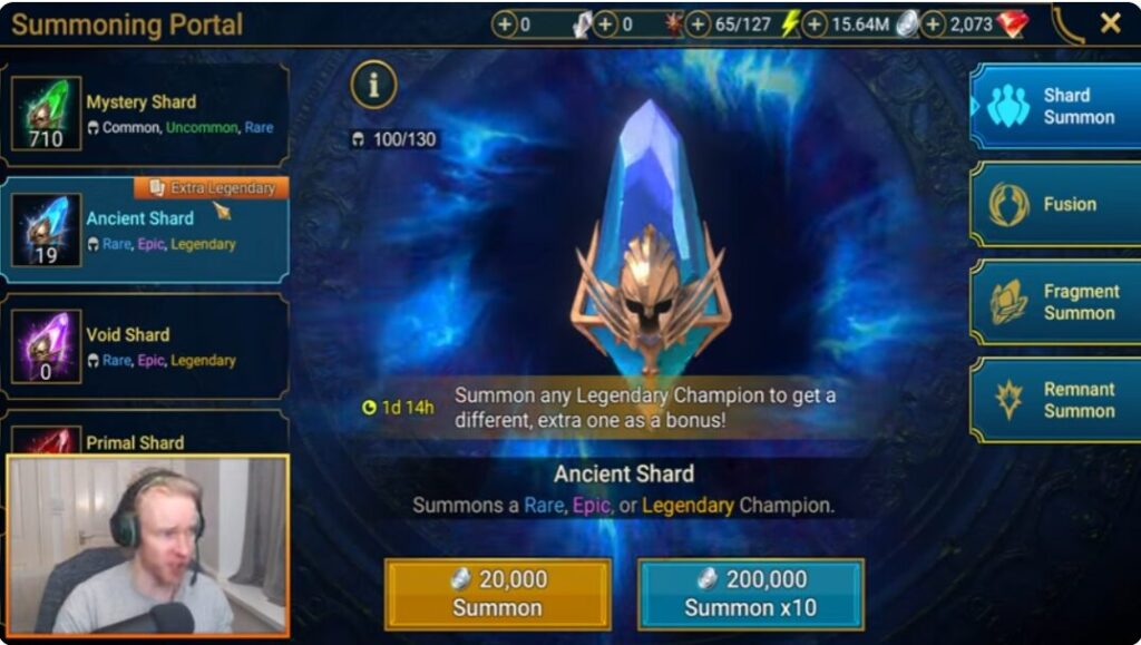 RAID: Shadow Legendsでレジェンダリーチャンピオンを狙う、シャード2倍イベントの召喚画面